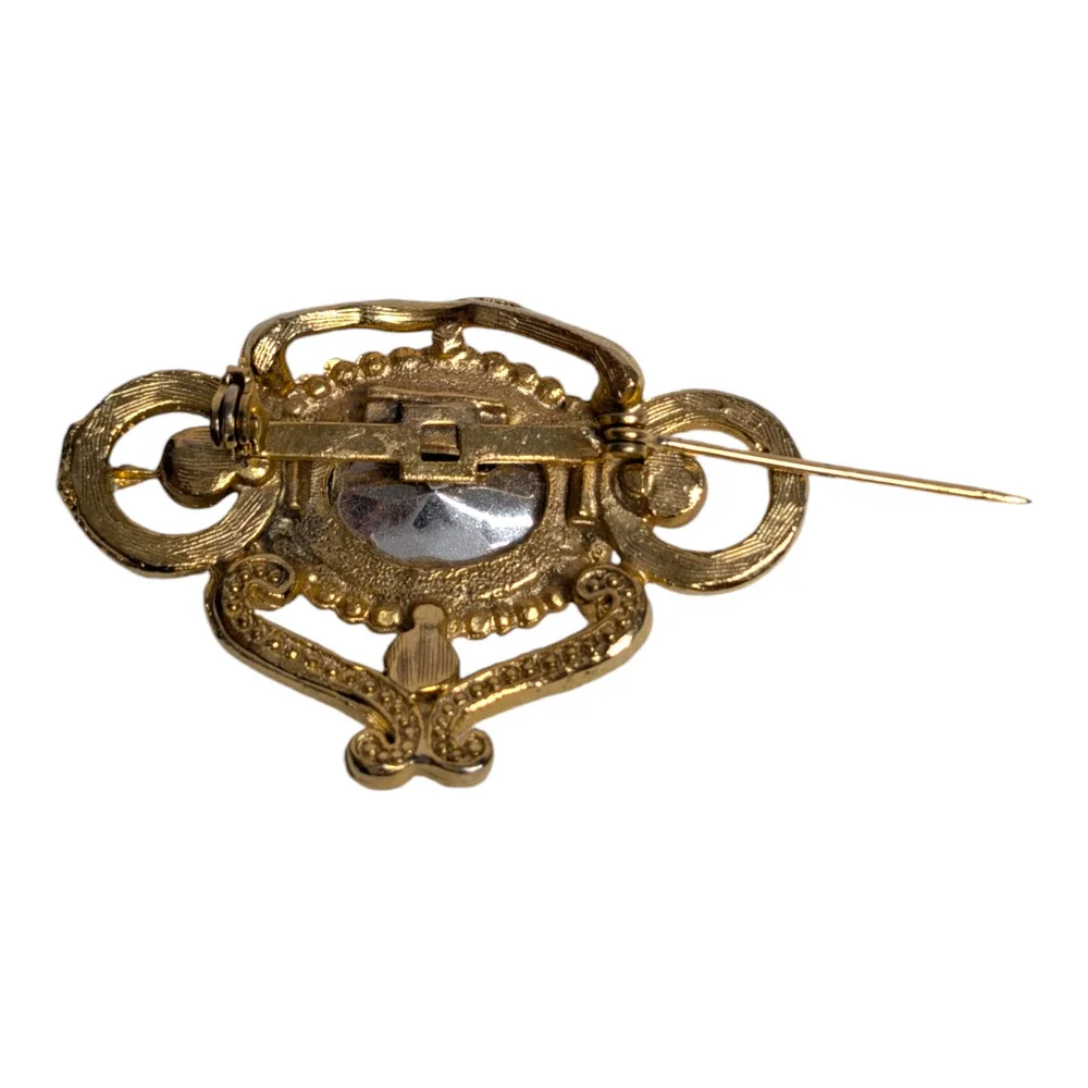 Gold Metal with Faux Aquamarine Stone Brooch Pin Elegant‎ Elaborate Vtg Jewelry